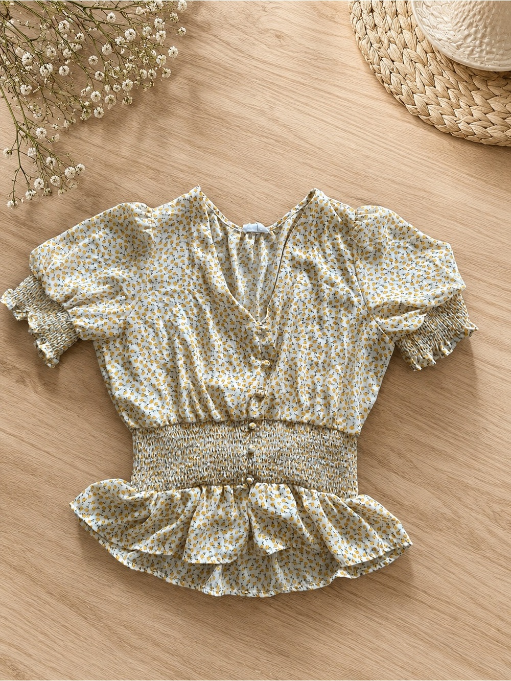Sienna Sky Yellow Floral Smocked Peplum Blouse